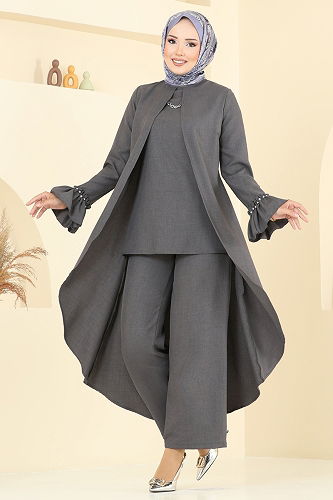 moda selvim Manşeti Fırfırlı Sofia Takım 2702SL432 Antrasit - Thumbnail