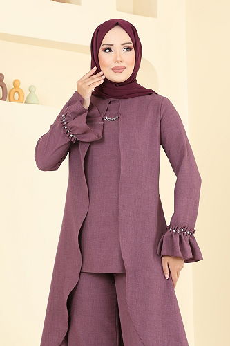 moda selvim Manşeti Fırfırlı Sofia Takım 2702SL432 Mürdüm - Thumbnail