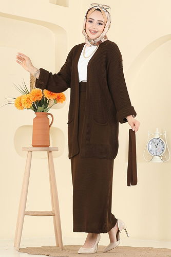 moda selvim Manşeti Katlama Detaylı Takım 1017HBS856 Kahve - Thumbnail