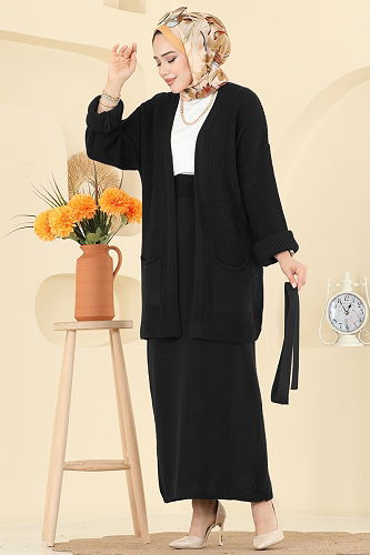 moda selvim Manşeti Katlama Detaylı Takım 1017HBS856 Siyah - Thumbnail