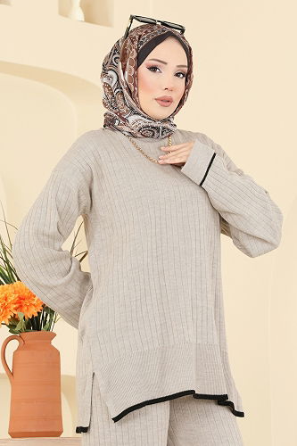 moda selvim Manşeti Katlı Triko Takım 8071KLB1050 Bej - Thumbnail