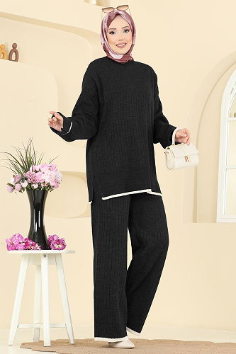 moda selvim Manşeti Katlı Triko Takım 8071KLB1050 Siyah - Thumbnail