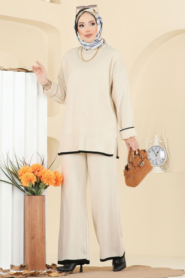 Modaselvim Kombin Manşeti Katlı Triko Takım 8071KLB1050 Taş