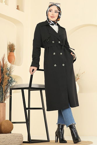 moda selvim Manşeti Kemer Detaylı Trençkot 040OZT1013 Siyah - Thumbnail