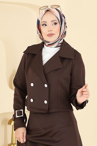 moda selvim Manşeti Kemerli Scuba Takım 2777SL432 Koyu Kahve - Thumbnail