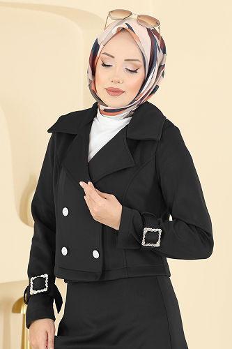 moda selvim Manşeti Kemerli Scuba Takım 2777SL432 Siyah - Thumbnail