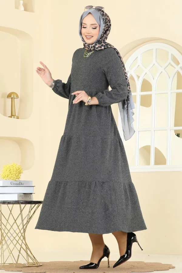 Modaselvim Elbise Manşeti Lastik Detaylı Elbise 3065KTR750 Gri