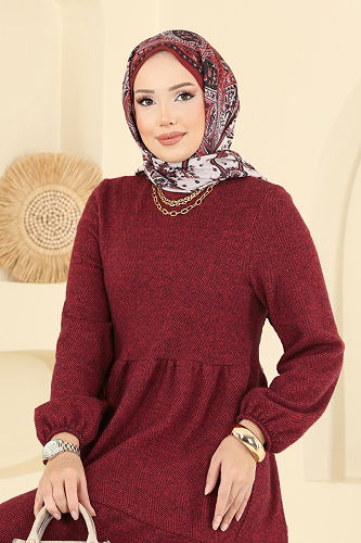 moda selvim Manşeti Lastik Detaylı Elbise 3065KTR750 Kırmızı - Thumbnail