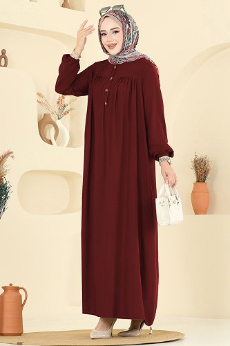 moda selvim Manşeti Lastik Detaylı Elbise 7103ERK1158 Bordo - Thumbnail