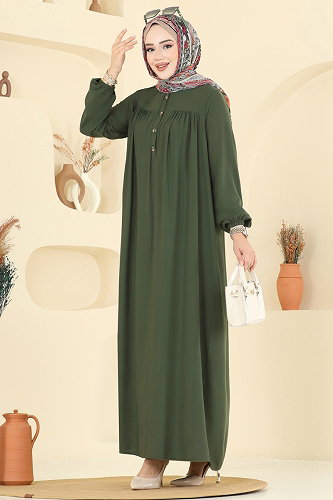 moda selvim Manşeti Lastik Detaylı Elbise 7103ERK1158 Haki - Thumbnail