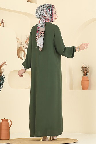 moda selvim Manşeti Lastik Detaylı Elbise 7103ERK1158 Haki - Thumbnail