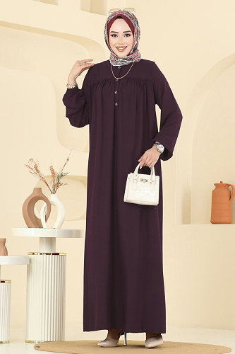 moda selvim Manşeti Lastik Detaylı Elbise 7103ERK1158 Koyu Mürdüm - Thumbnail
