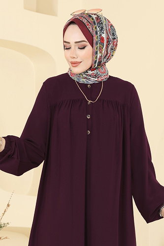 moda selvim Manşeti Lastik Detaylı Elbise 7103ERK1158 Mürdüm - Thumbnail