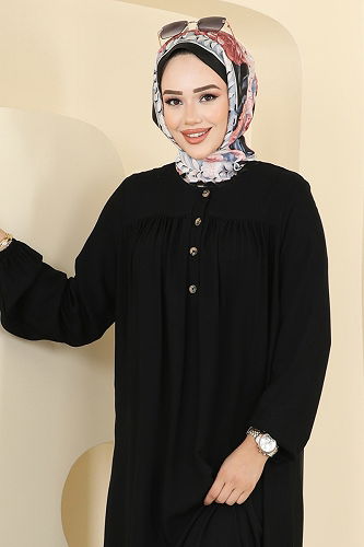 moda selvim Manşeti Lastik Detaylı Elbise 7103ERK1158 Siyah - Thumbnail