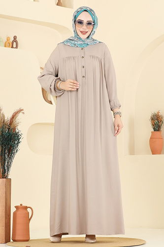 moda selvim Manşeti Lastik Detaylı Elbise 7103ERK1158 Taş - Thumbnail