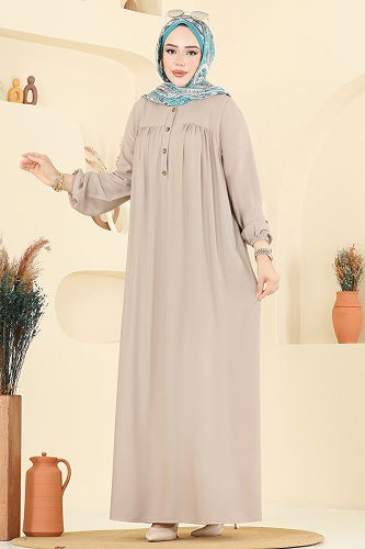 moda selvim Manşeti Lastik Detaylı Elbise 7103ERK1158 Taş - Thumbnail