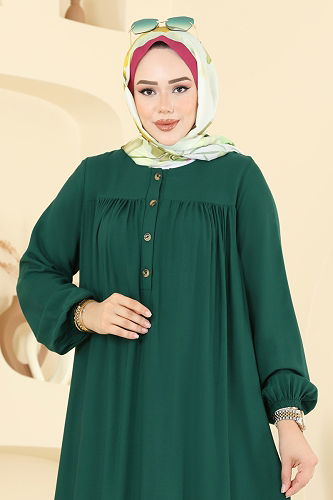 moda selvim Manşeti Lastik Detaylı Elbise 7103ERK1158 Zümrüt - Thumbnail