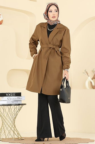 moda selvim Manşeti Lastik Detaylı Trençkot 21195MPR1163 Camel - Thumbnail