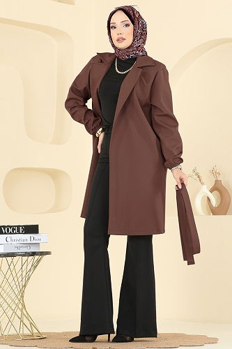 moda selvim Manşeti Lastik Detaylı Trençkot 21195MPR1163 Kahve - Thumbnail
