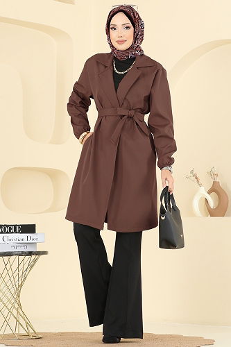 moda selvim Manşeti Lastik Detaylı Trençkot 21195MPR1163 Kahve - Thumbnail