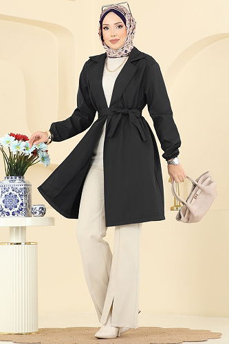 moda selvim Manşeti Lastik Detaylı Trençkot 21195MPR1163 Siyah - Thumbnail