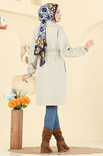 moda selvim Manşeti Lastik Detaylı Trençkot 21195MPR1163 Taş - Thumbnail