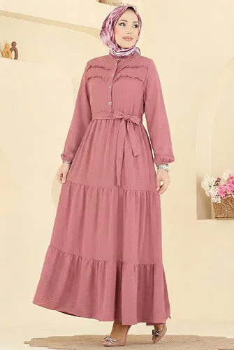 moda selvim Manşeti Lastikli Aerobin Elbise 5003BM387 Gül Kurusu - Thumbnail