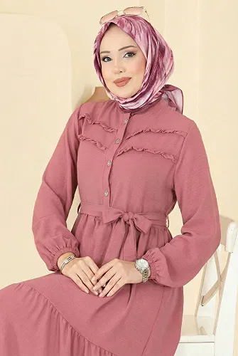 moda selvim Manşeti Lastikli Aerobin Elbise 5003BM387 Gül Kurusu - Thumbnail