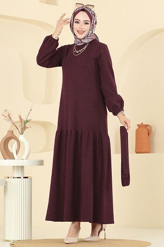 moda selvim Manşeti Lastikli Balıksırtı Elbise 24002UKB139 Bordo - Thumbnail