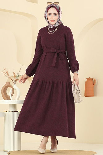 moda selvim Manşeti Lastikli Balıksırtı Elbise 24002UKB139 Bordo - Thumbnail