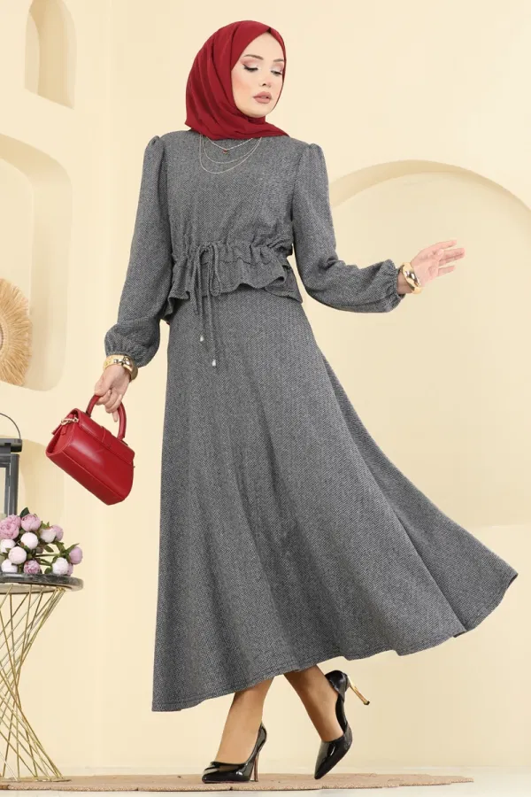 Modaselvim Kombin Manşeti Lastikli Balıksırtı Takım 24080UKBK1160 Gri