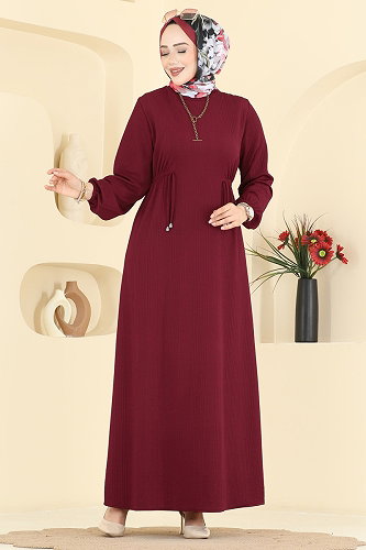moda selvim Manşeti Lastikli Beli Büzgülü Elbise 8018UZ662 Bordo - Thumbnail