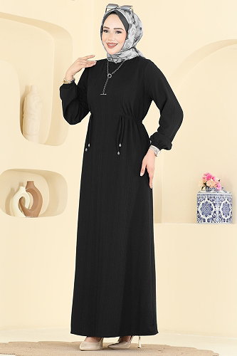 moda selvim Manşeti Lastikli Beli Büzgülü Elbise 8018UZ662 Siyah - Thumbnail