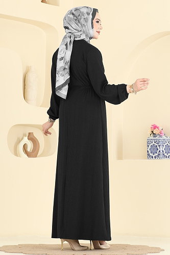 moda selvim Manşeti Lastikli Beli Büzgülü Elbise 8018UZ662 Siyah - Thumbnail
