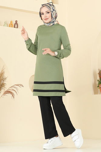 moda selvim Manşeti Lastikli Biye Takım 2516SL432 Çağla&Siyah - Thumbnail