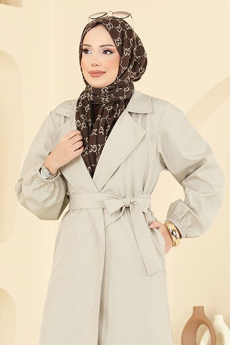 moda selvim Manşeti Lastikli Bondit Trençkot 8005TEG847 Taş - Thumbnail