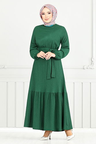 moda selvim Manşeti Lastikli Bürümcük Elbise 423DVL897-M Zümrüt - Thumbnail