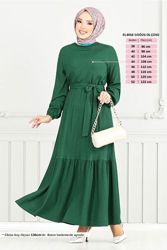 moda selvim Manşeti Lastikli Bürümcük Elbise 423DVL897-M Zümrüt - Thumbnail