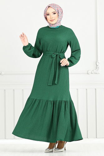 moda selvim Manşeti Lastikli Bürümcük Elbise 423DVL897-M Zümrüt - Thumbnail