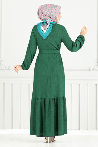 moda selvim Manşeti Lastikli Bürümcük Elbise 423DVL897-M Zümrüt - Thumbnail