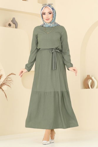 moda selvim Manşeti Lastikli Bürümcük Elbise 5061UZ662 Çağla - Thumbnail