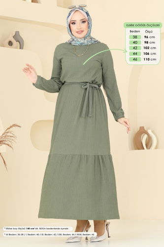 moda selvim Manşeti Lastikli Bürümcük Elbise 5061UZ662 Çağla - Thumbnail