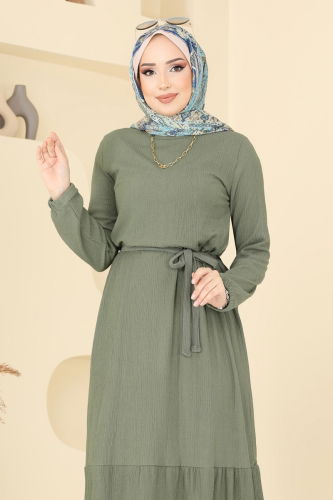 moda selvim Manşeti Lastikli Bürümcük Elbise 5061UZ662 Çağla - Thumbnail