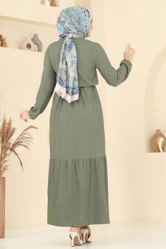 moda selvim Manşeti Lastikli Bürümcük Elbise 5061UZ662 Çağla - Thumbnail