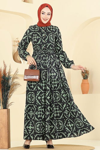 moda selvim Manşeti Lastikli Desenli Elbise 7134ERK1158 Çağla - Thumbnail