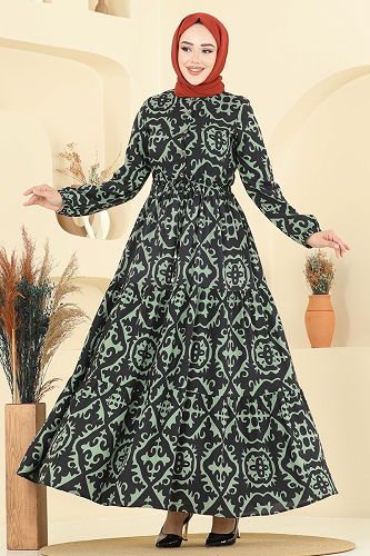 moda selvim Manşeti Lastikli Desenli Elbise 7134ERK1158 Çağla - Thumbnail