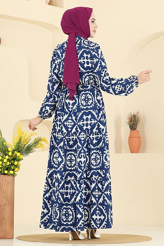 moda selvim Manşeti Lastikli Desenli Elbise 7134ERK1158 Laci - Thumbnail