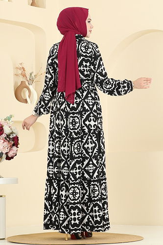 moda selvim Manşeti Lastikli Desenli Elbise 7134ERK1158 Siyah - Thumbnail