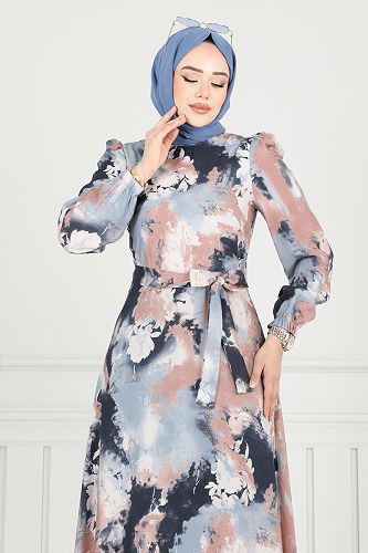 moda selvim Manşeti Lastikli Desenli Elbise 9034S324 Laci - Thumbnail