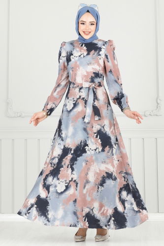 moda selvim Manşeti Lastikli Desenli Elbise 9034S324 Laci - Thumbnail